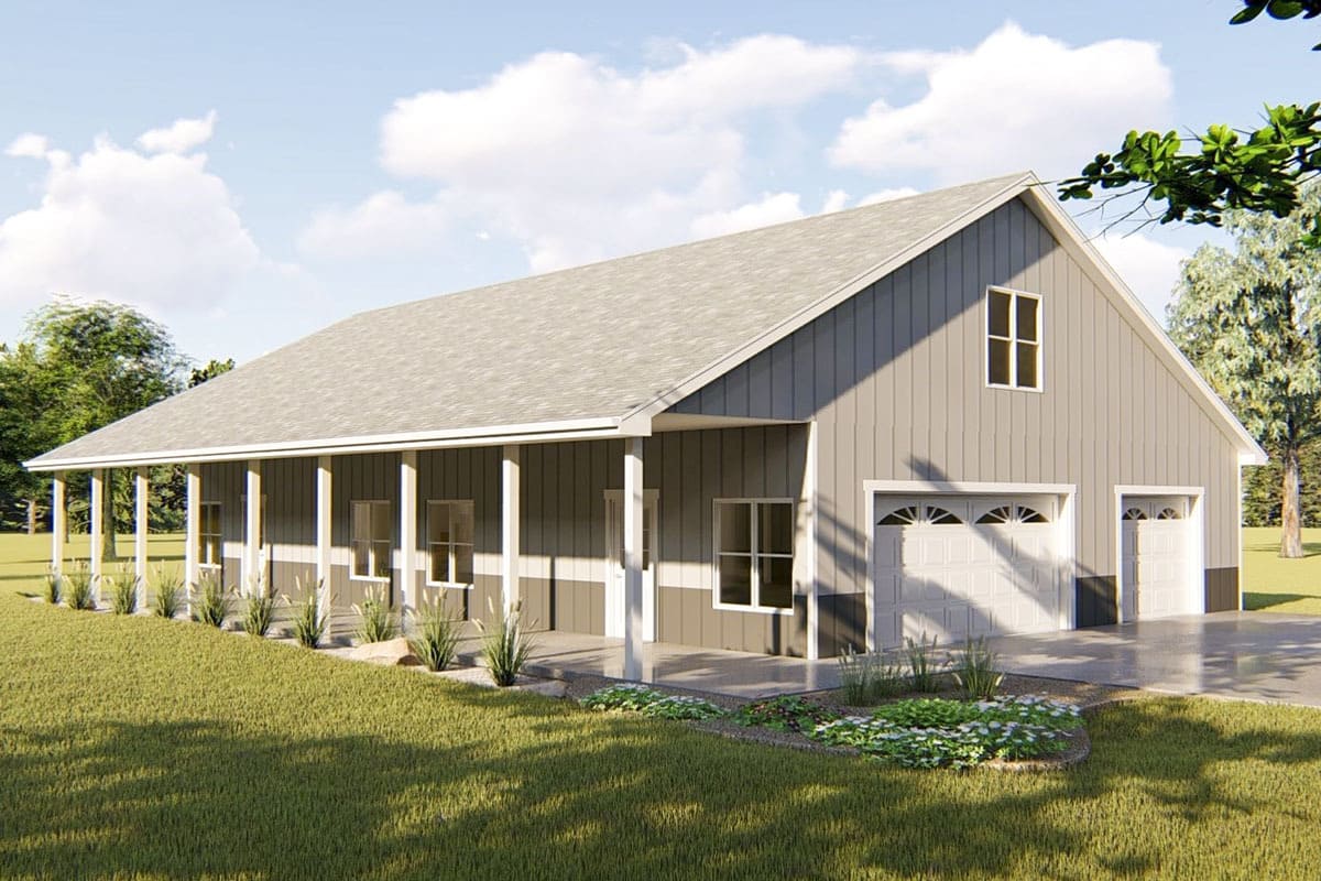 Cozy Pole Barn Home W Full Length Porch Loft And 3 Car Garage Hq Plans And 3d Concept Metal