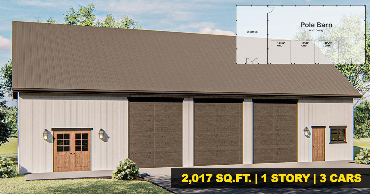 Simple Detached Pole Barn Garage w/ 14'tall Ceiling (HQ Plans & 3D Concepts) Metal Building Homes